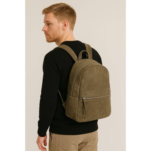 Eleventy Olive Green Calf Leather Backpack – Italian Luxury Nabuk Soft Leather - Picture 1 of 13